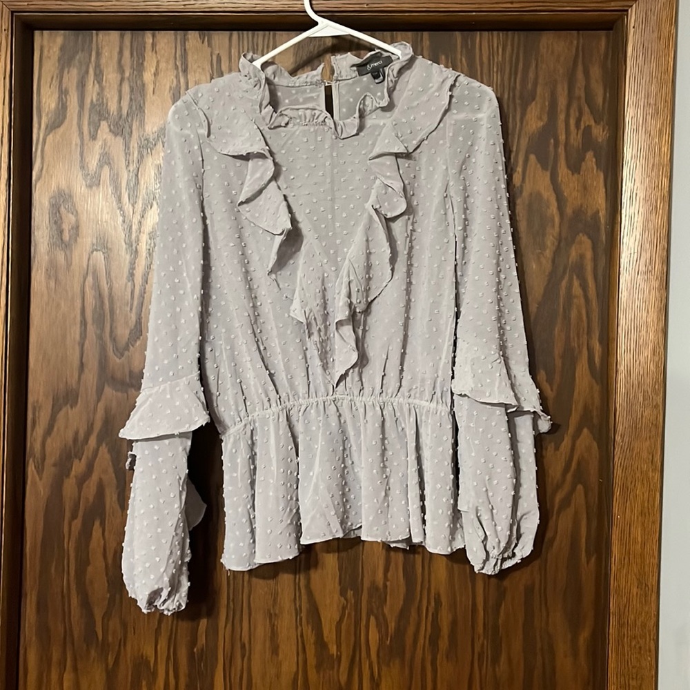 Grey sheer shirt with ruffles and peplum bottom